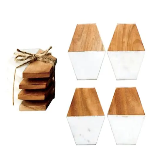 Hello Honey&reg; Marble & Mango Wood Hexagon Coaster Set {1}