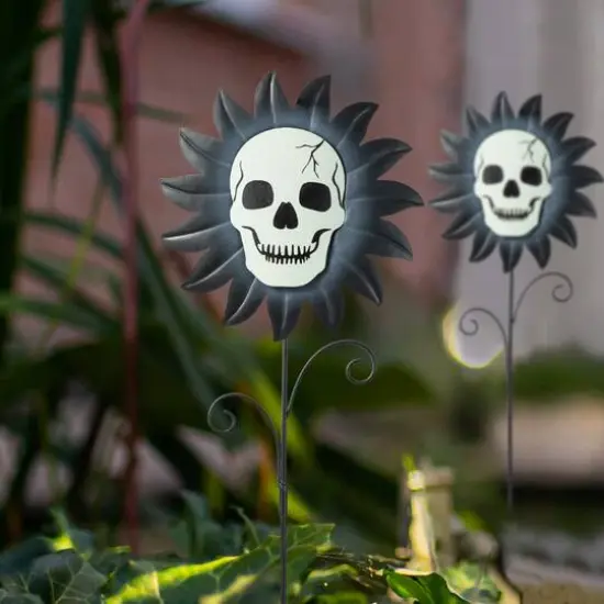 Glitzhome&reg; 24" Halloween Metal Sunflower Skulls Glow-in-Dark Yard Stakes, 3ct. {7}