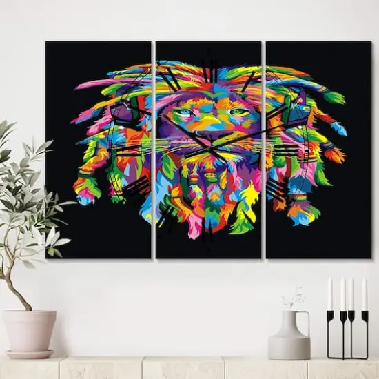 Designart Lion Rasta Oversized Modern 3 Panel Wall Clock {3}