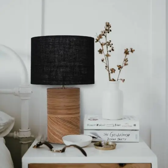 Hello Honey&reg; 20.5" Natural and Black Modern Rattan and Wood Table Lamp with Black Jute Shade {4}