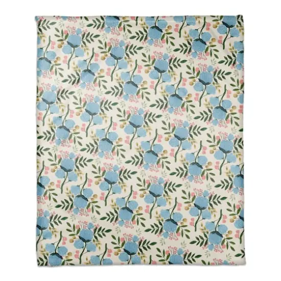 White Throw Blanket with Blue Floral Pattern {3}