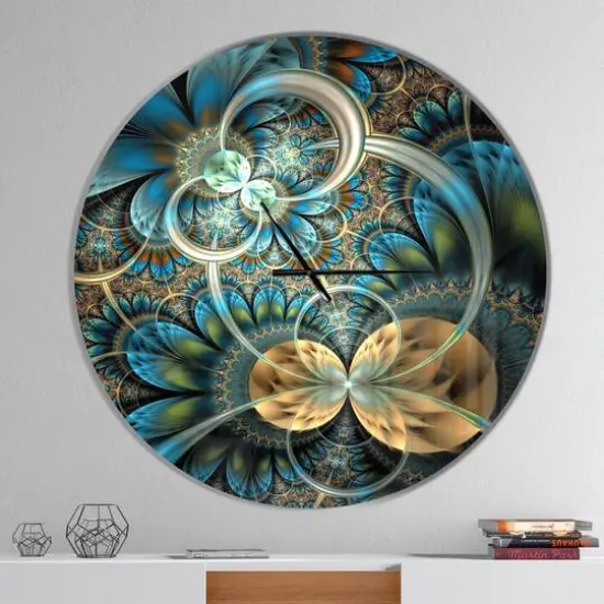 Designart Symmetrical Blue Gold Fractal Flower Modern Wall Clock {3}