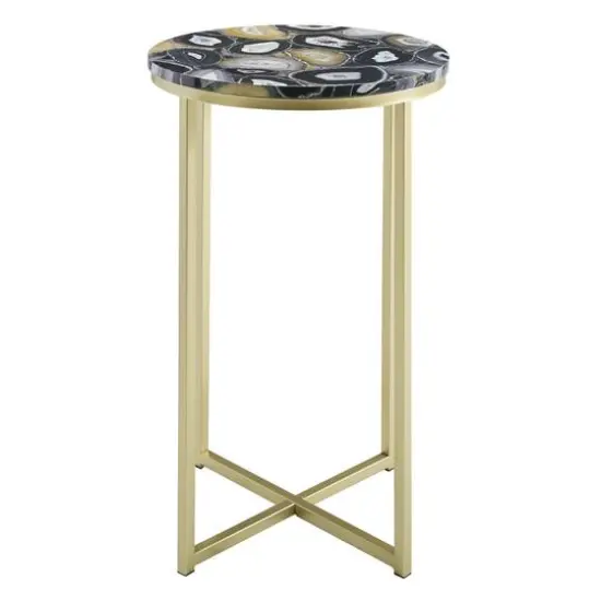 Walker Edison 16" Faux Stone Round Glam Side Table Faux Black Agate/Gold {4}