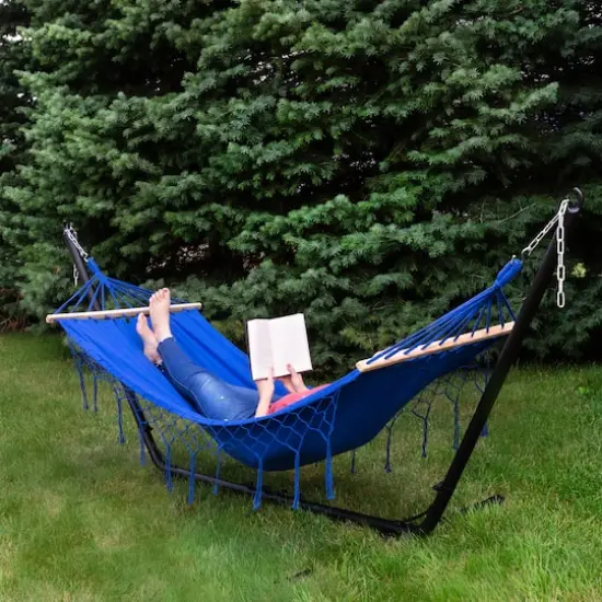 100" x 41" Hammock with Netted Fringe & Wooden Bars Blue {3}