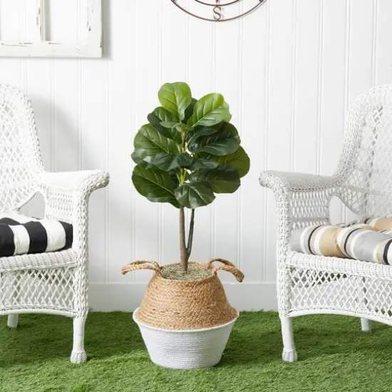 3ft. Artificial Fiddle Leaf Fig Tree With Handmade Cotton & Jute Woven Basket DIY Kit White {10}