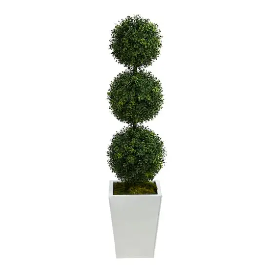 4ft. Boxwood Triple Ball Topiary Artificial Tree in White Metal Planter {1}
