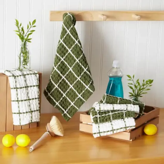 DII® Windowpane Oversized Washed Waffle Dishcloth Set Green/White {6}
