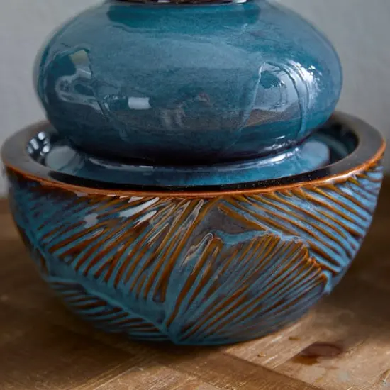 Glitzhome&reg; 8.75" LED Turquoise Leaf Textured Ceramic Tabletop Fountain {6}