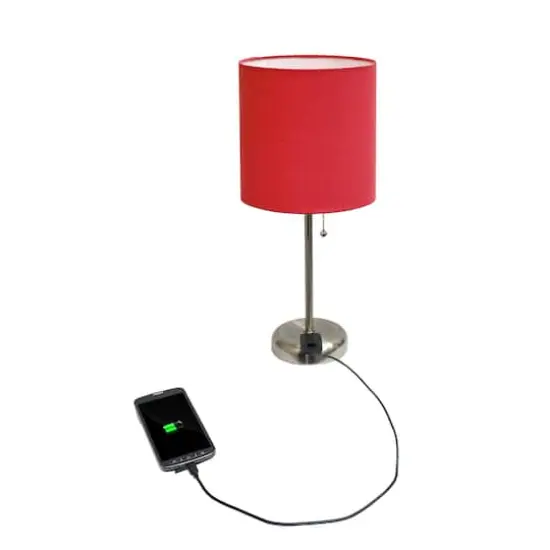 LimeLights 19.5" Stick Lamp with Charging Outlet and Fabric Shade Brushed Steel and Red {6}