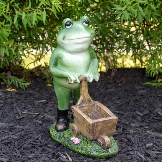11.5" Green Frog Pushing Wheelbarrow Outdoor Garden Statue {3}