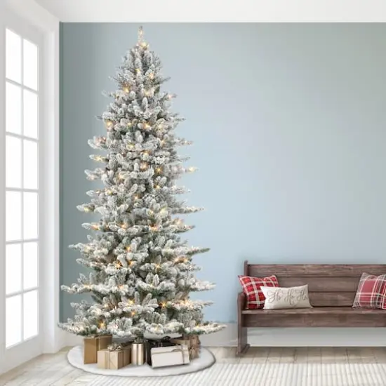 9ft. Pre-Lit Slim Flocked Royal Majestic Artificial Spruce Christmas Tree, Clear Lights {4}