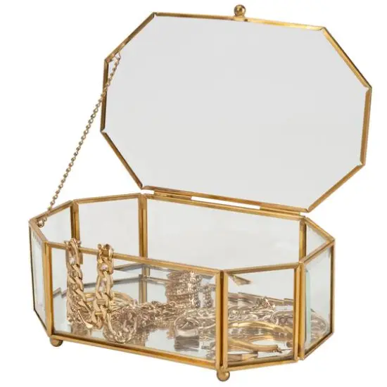 Home Details Large Gold Vintage Mirrored Bottom Octagonal Glass Keepsake Box {8}