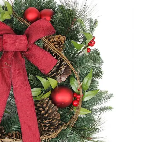 24" Red Ball Ornaments & Pinecones Artificial Pine Wreath {7}