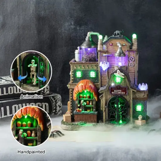 Glitzhome&reg; 11"H Lighted Resin Halloween Haunted House Village {4}