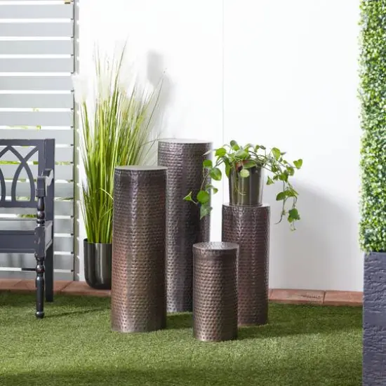 Assorted Brown Metal Industrial Pedestal Table Set {7}