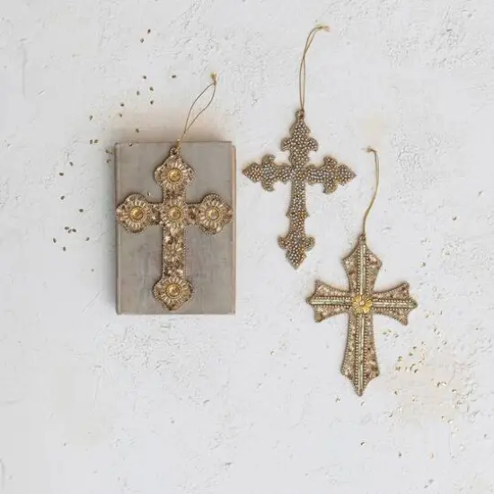 Hello Honey&reg; 3 Pack 7" Gold & Silver Cross Acrylic Bead & Reclaimed Wood Ornaments {3}