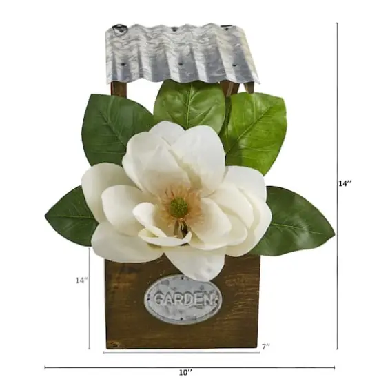14" Magnolia Artificial Arrangement in Tin Roof Planter {3}