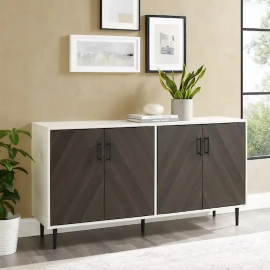 Walker Edison 58" Ash Brown Bookmatch & White Mid Century Modern TV Buffet {6}