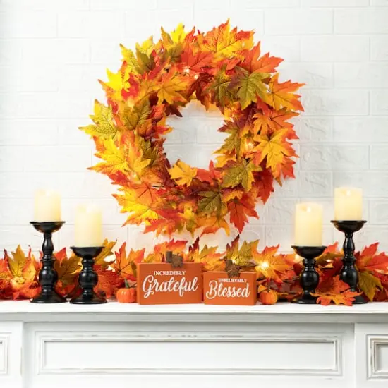 Glitzhome&reg; 24" Fall Lighted Maple Leaves Wreath with Timer {9}