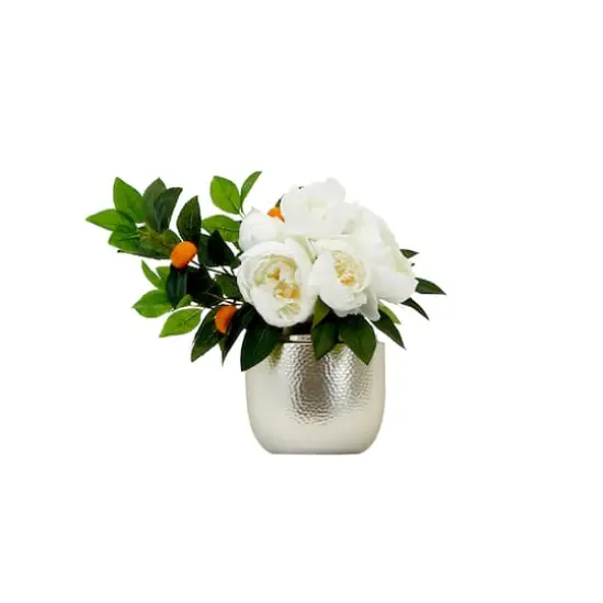 16" Artificial White Peony Dahlia Arrangement with White Vase {1}