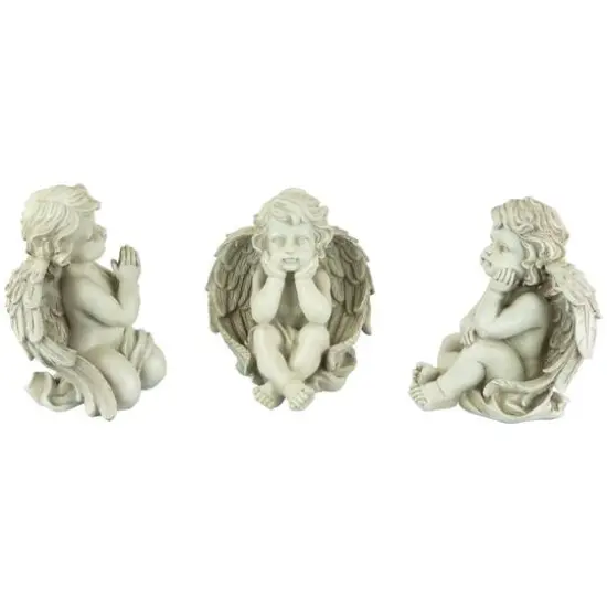 Gray Sitting Cherub Angel Outdoor Garden Statue Set {4}
