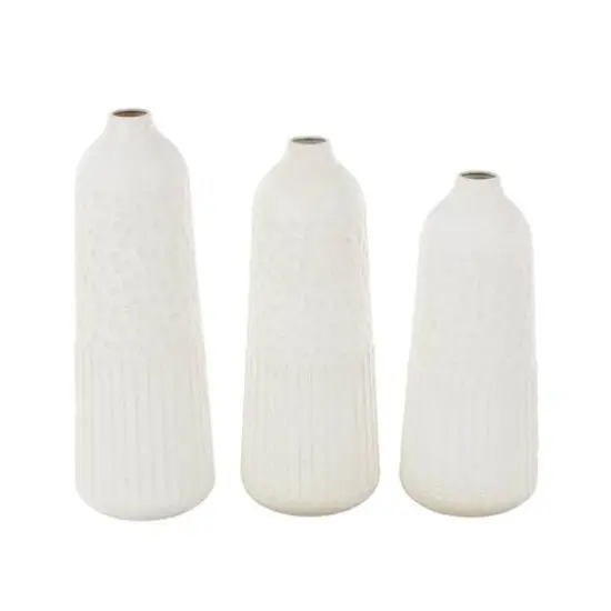 White Metal Textured Decorative Vase with Honeycomb Pattern Set {7}