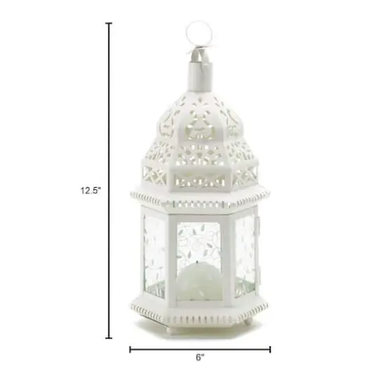 12" White Moroccan Style Hanging Candle Lantern with Etched Floral Glass {3}