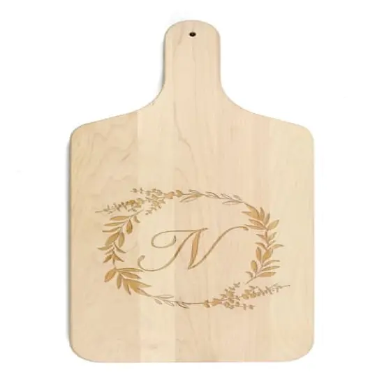Floral Wreath Monogram Maple Paddle Cutting Board N {1}