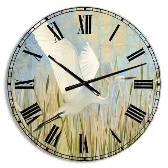 Designart 'Snowy Egret In Flight Vii Farmhouse Wall Clock {1}