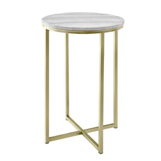 Walker Edison 16" Faux Stone Round Glam Side Table Faux Gray Marble/Gold {1}