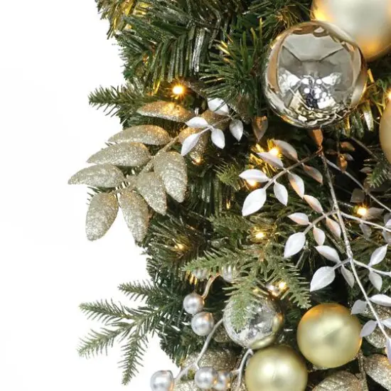 28" Battery-Operated Pre-Lit Decorated Artificial Swag with Gold Bow {5}