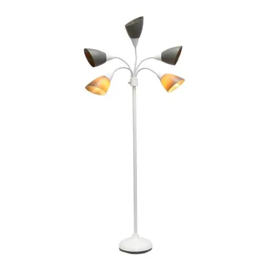 Simple Designs&trade; 5.6ft. 5-Light Gooseneck White Floor Lamp Gray Shades {11}