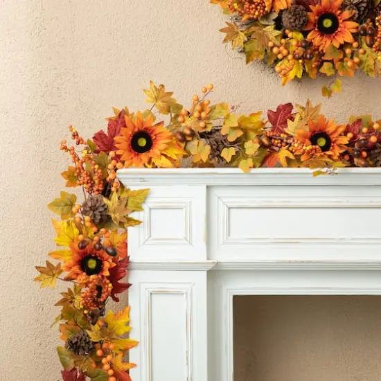 Glitzhome&reg; 6ft. Fall Sunflower, Maple Leaf & Berry Garland {3}