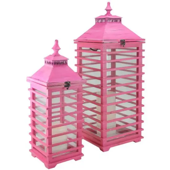L'Eau de Fleur Distressed Pink Fir Wood Candle Lantern Set, 21" & 28" {4}