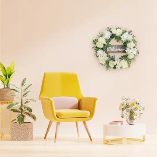 26" Artificial Peony, Hydrangea & Rose Floral Spring Wreath with Wood Welcome Sign {5}