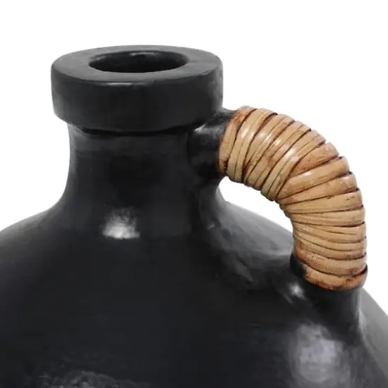 11" Black Ceramic Jug Inspired Vase with Rattan Wrapped Handle {4}