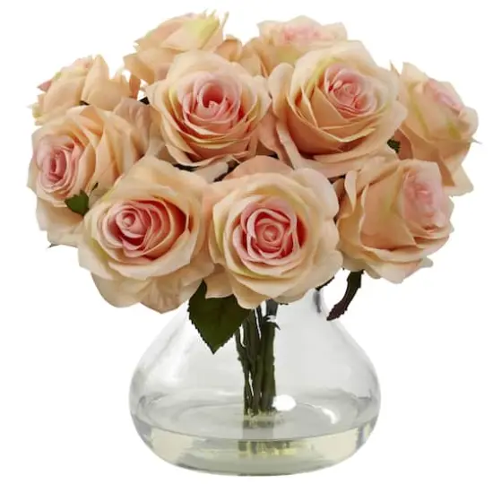 11" Peach Rose Arrangement with Clear Glass Vase {1}