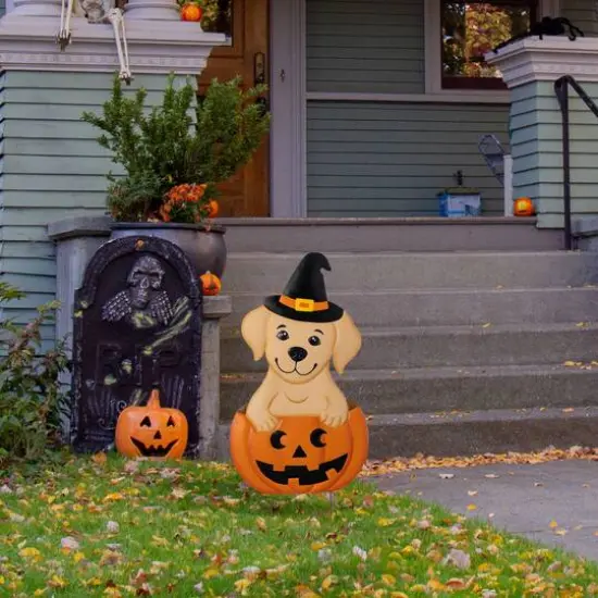 Glitzhome&reg; 32"H Halloween Metal Labrador in Pumpkin Yard Stake {4}