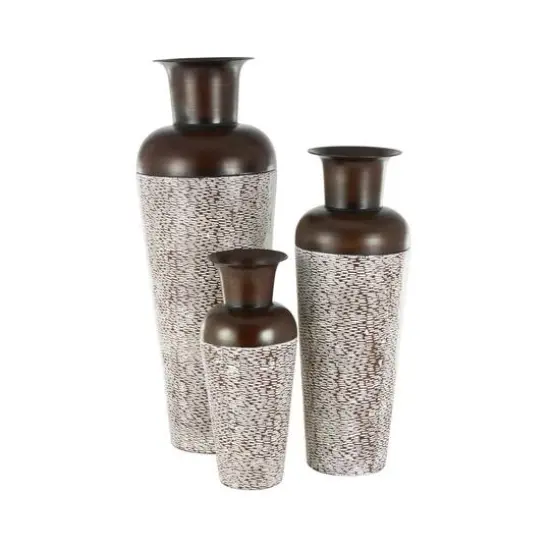 White & Brown Spotted Tapered Floor Metal Vase Set {9}