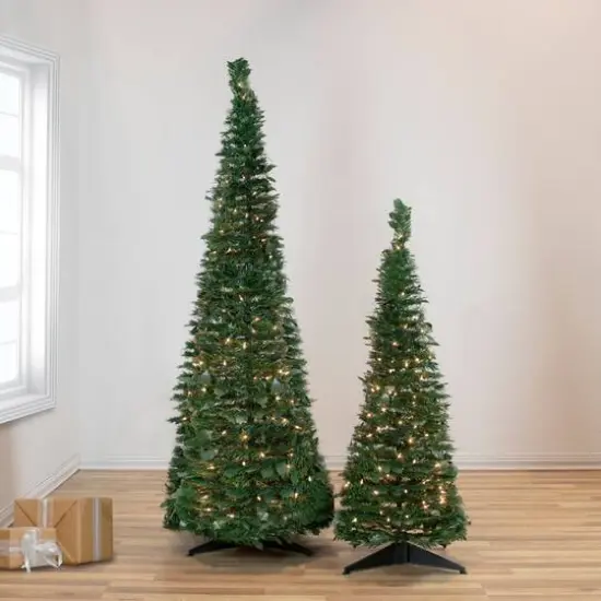 6ft. Pre-Lit Slim Green Holly Leaf Pop-Up Artificial Christmas Tree with Clear Lights {5}
