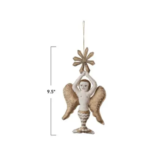 Hello Honey&reg; 9.5" Cream & Gold Handmade Canvas & Wool Felt Angel Ornament with Embroidery {5}