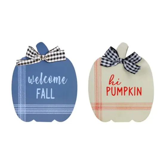 8" Blue & Beige Fall Harvest Wooden Pumpkin Welcome Plaque Set {1}