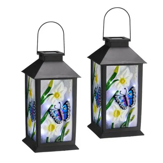 Glitzhome&reg; 11" Glass with Butterfly & Flower Pattern Solar Powered Hanging Lanterns, 2ct. {1}