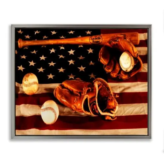 Stupell Industries Vintage American Flag Baseball Photo Floater Framed Art Gray {1}
