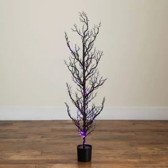 4ft. Pre-Lit Artificial Halloween Black Spooky Twig Tree with 160 Orange & Purple Copper Wire String LED Lights {8}