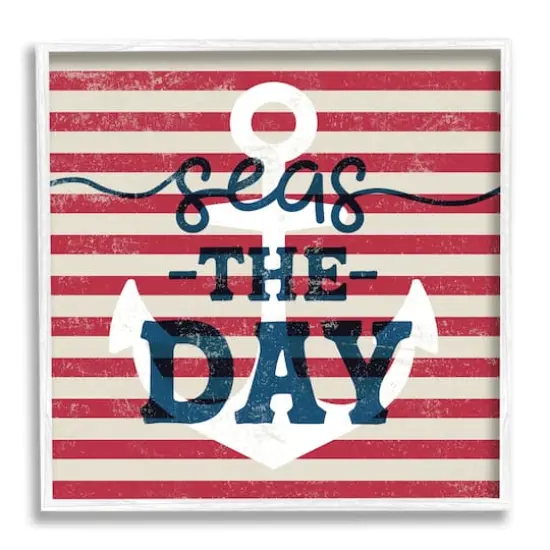 Stupell Industries Seas The Day Americana Anchor & Flag Phrase Framed Giclee Art White {1}