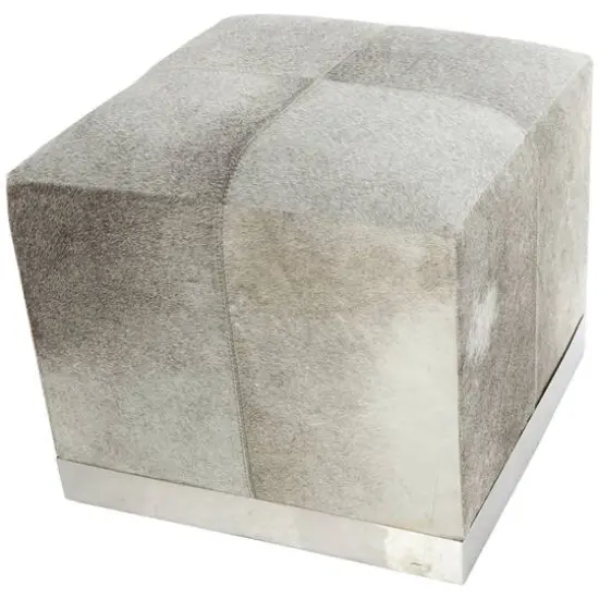 17" Gray Leather Patchwork Pouf with Silver Metal Base {3}