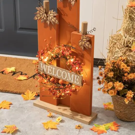 Glitzhome&reg; 30" Fall Lighted Pumpkin & Wreath D&eacute;cor {15}