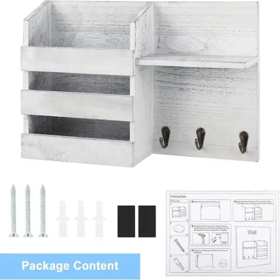 NEX&trade; Whitewash Vintage Wood Mail Shelf with 3 Key Hooks {8}