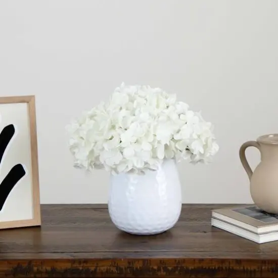 11" White Hydrangea Arrangement in White Metal Vase {3}